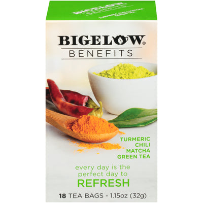 Front of Bigelow Benefits Tumeric Chili Matcha Green Tea box