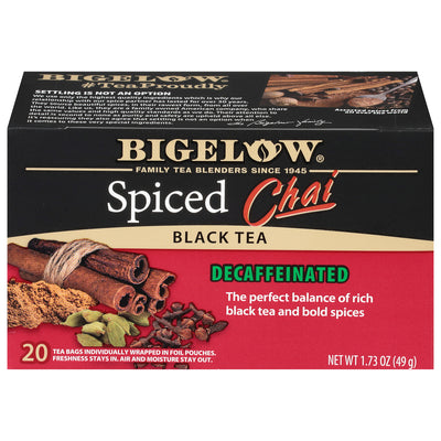 Front of Spiced Chai Decaffeinated Tea box