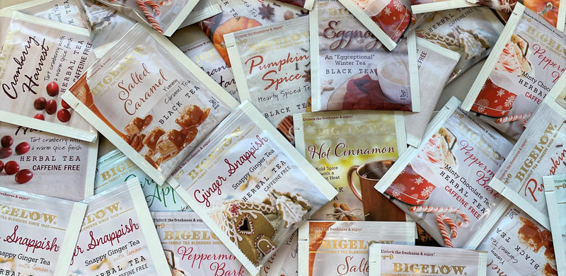 Assorted foil packets of Bigelow Seasonal Teas