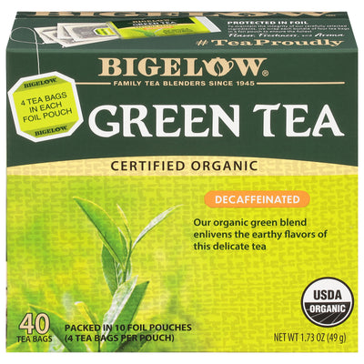 Front view of Organic Green Tea Decaf Tea box of 40 tea bags