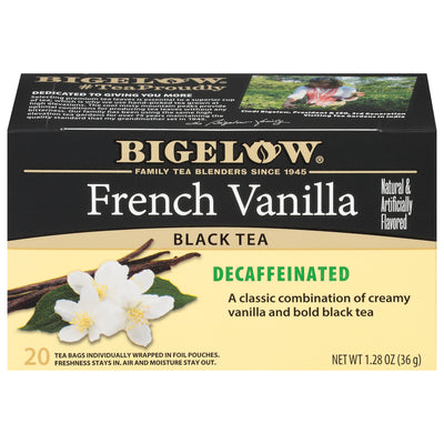 Front of French Vanilla Black Tea Decaffeinated box - box of 20 tea bags