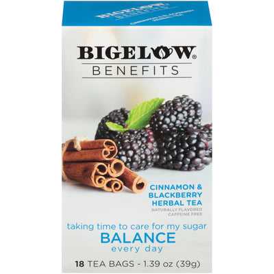 Front of Bigelow Benefits Cinnamon and Blackberry Herbal Tea box