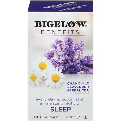 Front of Bigelow Benefits Chamomile and Lavender Herbal Tea box