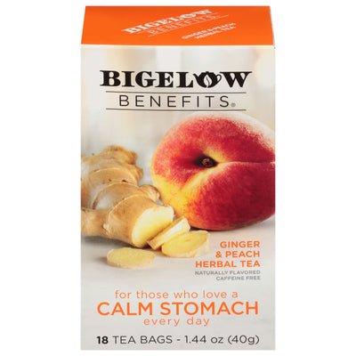 Front of Bigelow Benefits Ginger and Peach Herbal Tea box