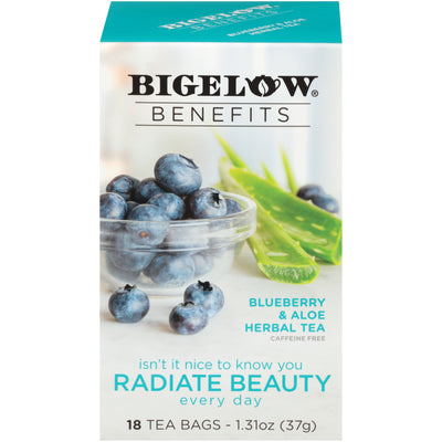 Front of Bigelow Benefits Blueberry and Aloe Herbal Tea box