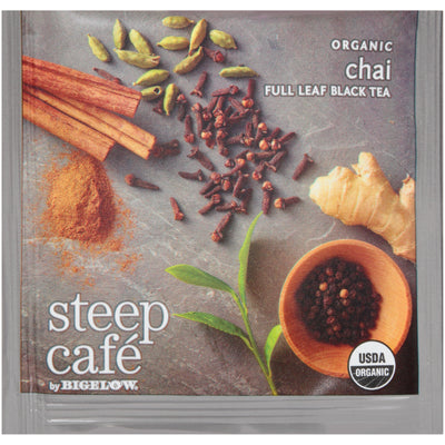 steep cafe by Bigelow organic full leaf chai black tea pyramid bag in overwrap
